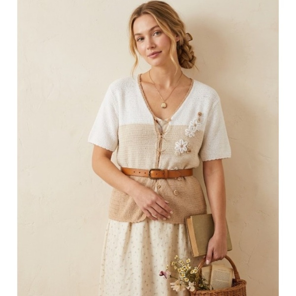 Sag Harbor White Tan Floral Embroidered Shirt Sleeve Cardigan Sweater Size Large